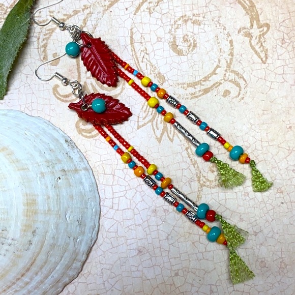 NWOT Super long multicolored earrings beads silk - Picture 4 of 5